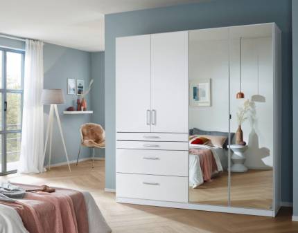 Dulap cu 4 usi cu balamale si 4 sertare HOMBURG 181x197x54cm alb alpin/ alb lucios - oglinda, manere crom