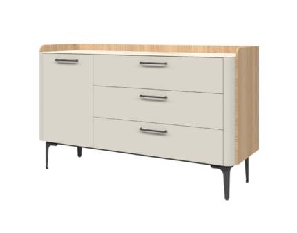 Comoda cu 1 usa si 3 sertare AIR 118x86x45cm Pepper White/ Stejar Furneo - sticla cu model de marmura Calcatta Oro, cadru, manere si picioare Antracit