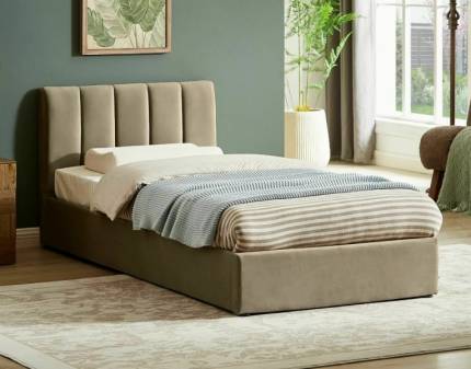 Pat tapitat cu somiera si spatiu pentru depozitare MONTREAL VELVET (90x200cm) catifea beige