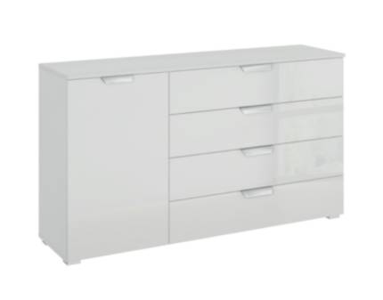 Comoda cu 1 usa si 4 sertare ADITIO 120x81x42cm alb alpin/ sticla alba 