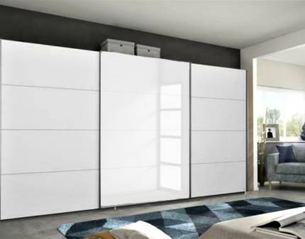 Dulap cu usi glisante KULMBACH 361x210x62cm alb alpin/ sticla alba configurabil