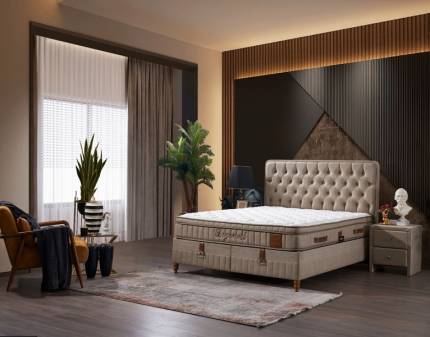 Pat tapitat cu saltea si spatiu pentru depozitare BEGONVIL (140x200cm) cappuccino