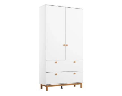 Dulap cu 2 usi cu balamale si 2 sertare FREYJA 92x206x53cm alb alpin, picioare si manere stejar