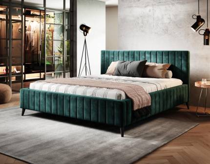 Cadru pat tapitat MAGGIE SR 140/ 160/ 180cm personalizabil, picioare negre / nuanta lemnului