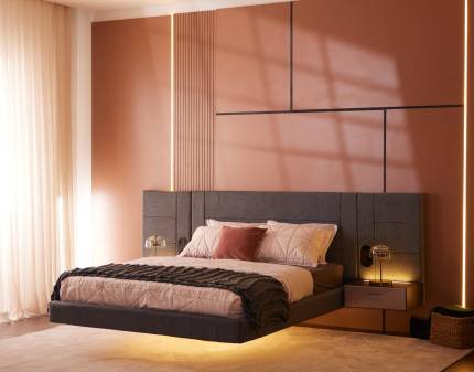 Pat tapitat cu somiera PEGASUS (180x200cm) cu iluminare LED și design modern, efect de plutire 
