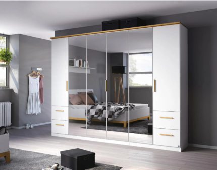 Dulap cu 6 usi cu balamale si 4 sertare CARLSSON 271x212x58cm alb alpin/ oglinda, manere stejar 