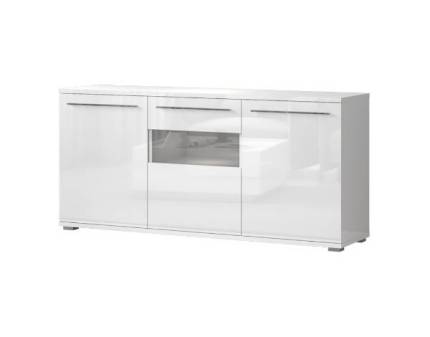 Comoda cu 3 usi si portiune cu sticla PIANO WHITE 180x85x45cm alb lucios, manere crom