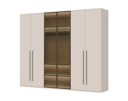 Dulap cu 6 usi cu balamale OPERA 272x224x56cm casmir/ sticla Parsol, manere maro