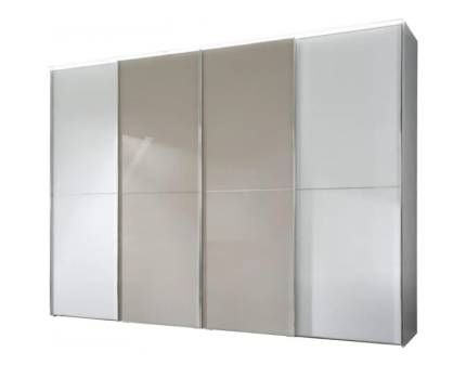 Dulap cu 4 usi glisante 400x222x68cm alb mat/ alb mat - sticla mocca, maner crom model 42 SINFONIE PLUS 