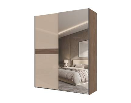 Dulap cu usi glisante LEFT 182x224x61cm Mokka HG lucios + Linkoln Walnut - oglinda, manere antracit